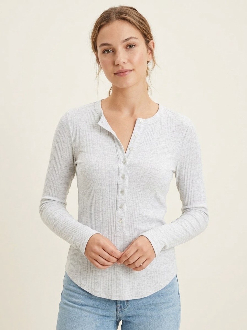 American Eagle Women's Long Sleeve Ribbed Henley Top Light Heather Gray Size XS